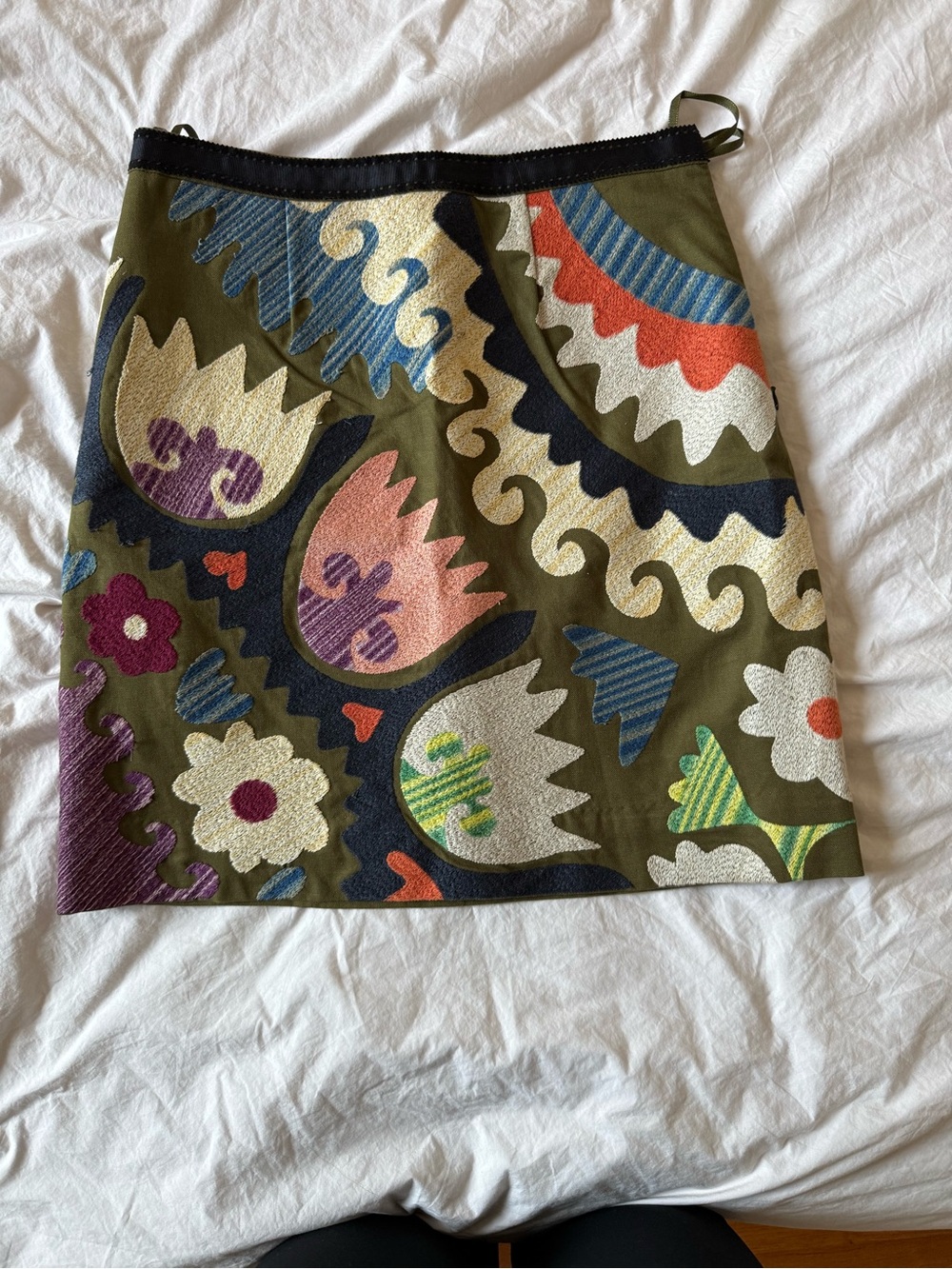 Olive Floral Appliqué A-Line Skirt